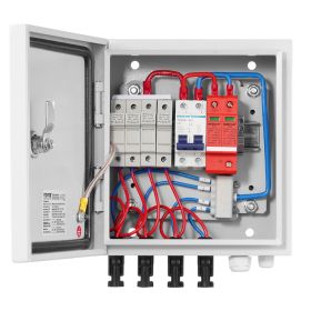 PV Combiner Box, 4 String, Solar Combiner Box with 15A Rated Current Fuse 63A Circuit Breaker Lightning Arrester and Solar Connector