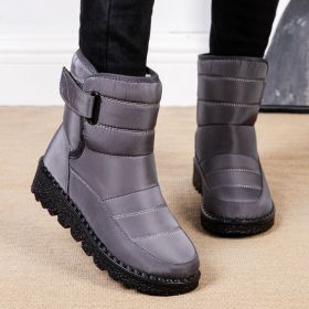 Winter new warm large size women's snow boots Female Velcro waterproof high top shoes couple plus fleece snow boots (Color: grey, size: 42)